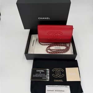 Chanel Red Leather Wallet on Chain Full Set w/Box and Dust Bag Excellent Condt.